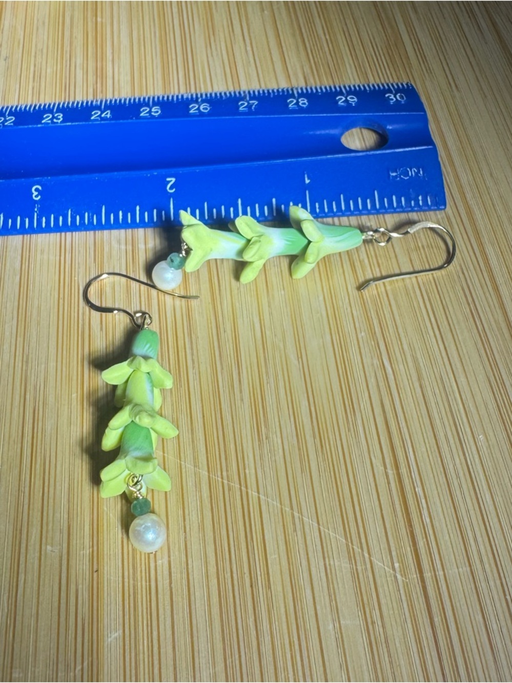 Handmade Dino clay Light Green Floral Drop Earrings with Pearl Accent